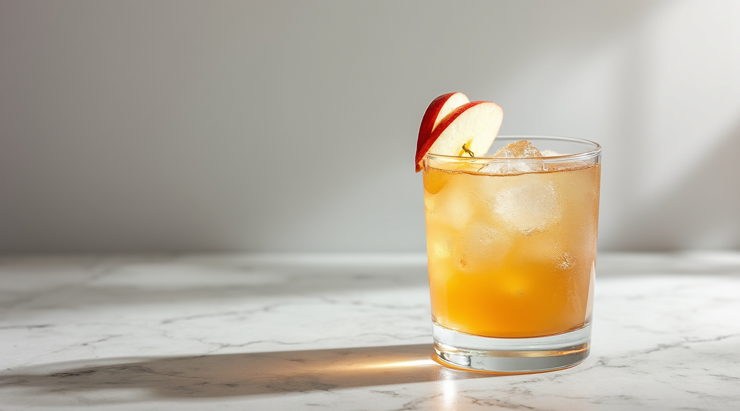 Bee Sting cocktail in a Collins glass garnished with an apple slice
