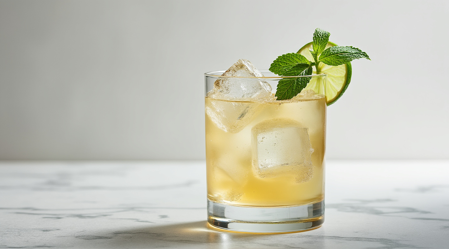 A vibrant, fruity Tiki Max cocktail served with a sprig of mint and lime wedge garnish in an old-fashioned glass