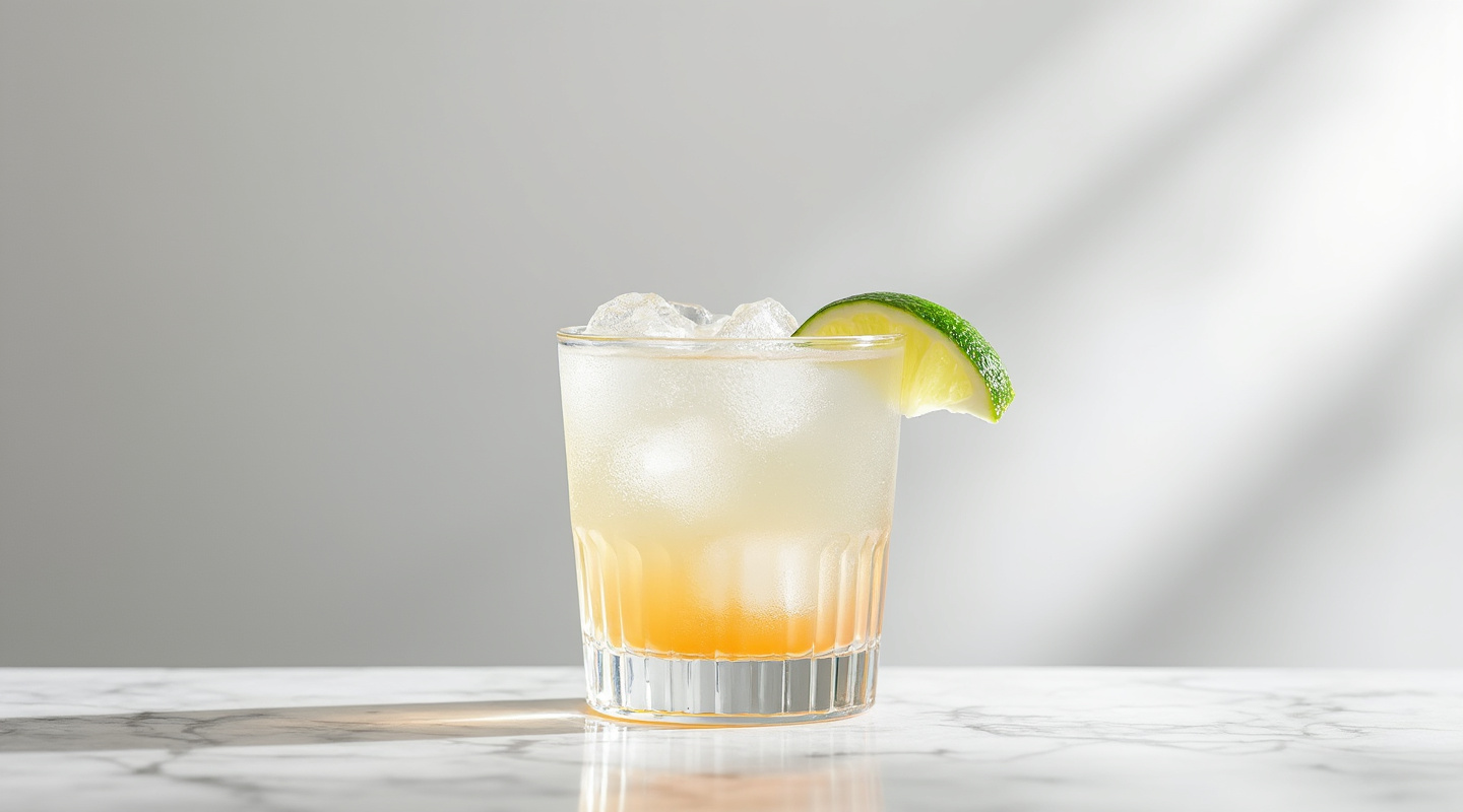 A vibrant Tropical Breeze cocktail served in a Collins glass with a lime wedge garnish