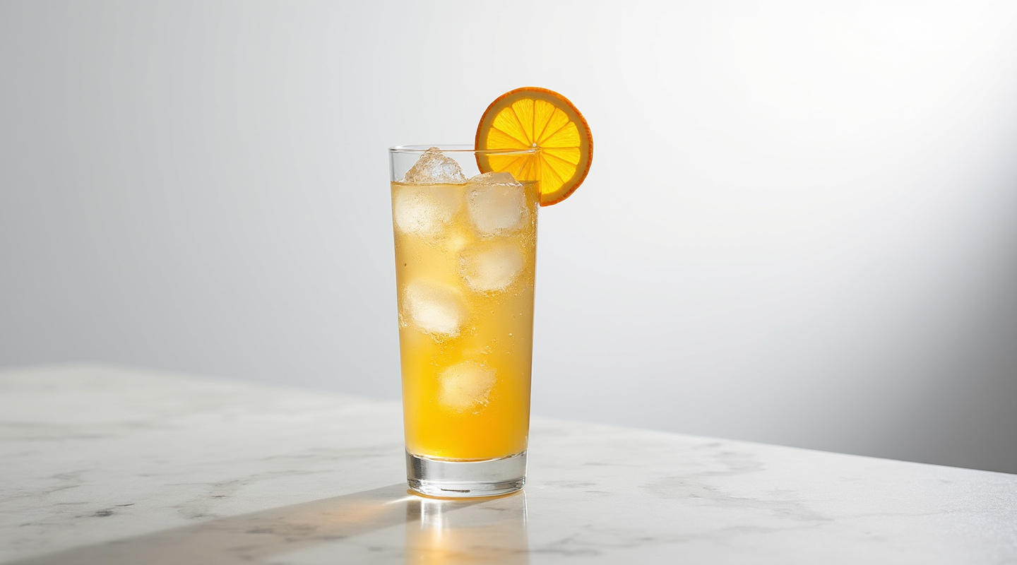 Umbongo cocktail in a Collins glass garnished with an orange slice