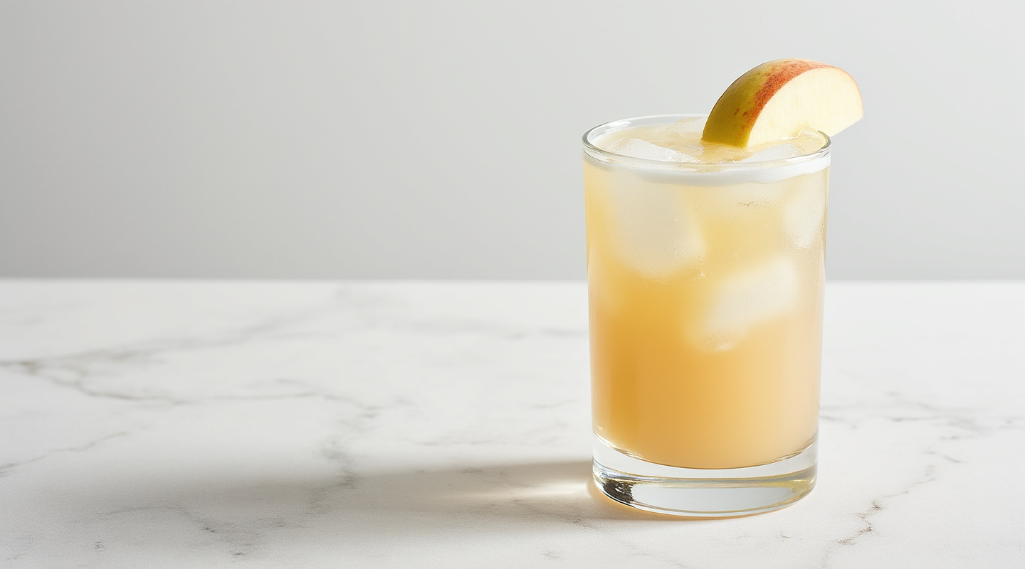 Utterly Butterly cocktail in a Collins glass garnished with apple wedge