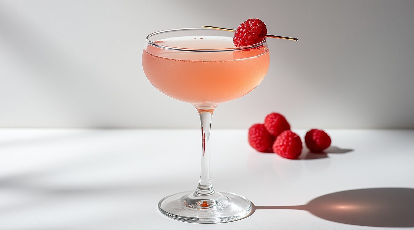 Venus Cocktail in a Coupe Glass with Fresh Raspberries