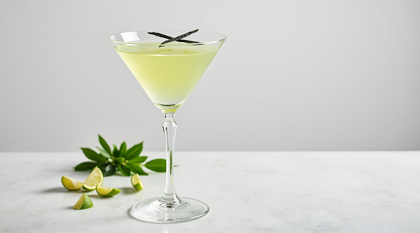 Wasabi Martini in a Martini Glass garnished with Yaki Nori Seaweed strips