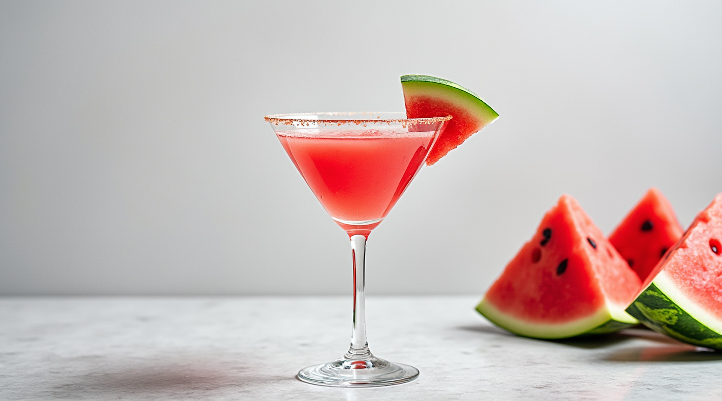 Watermelon Martini served in a chilled Martini glass with a fresh watermelon garnish.