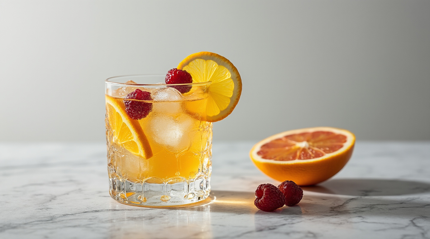 A vibrant White Sangria served in an old-fashioned glass, garnished with seasonal fruit.
