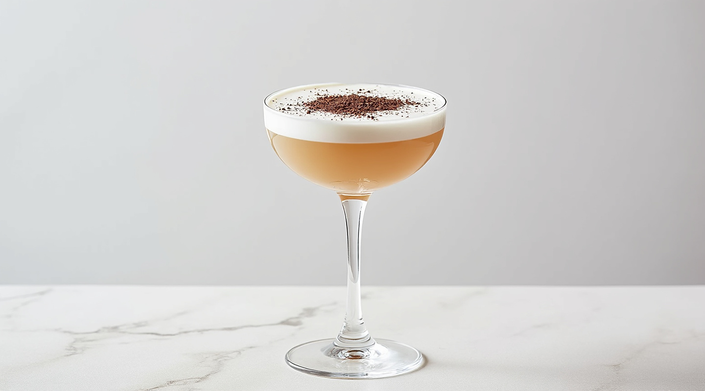 White Satin cocktail served in a coupe glass with chocolate powder dusted on top