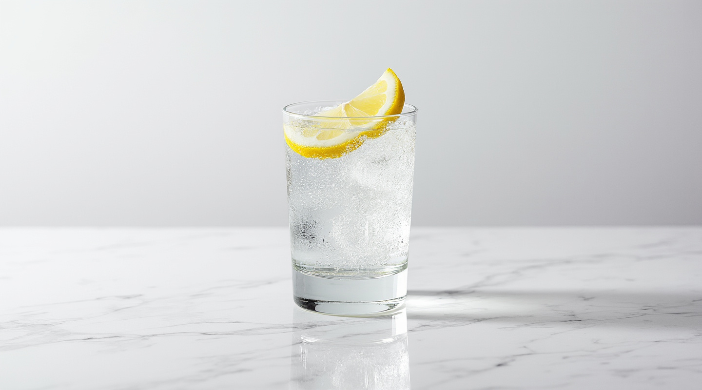 A glass of Alabazam cocktail garnished with lemon slice