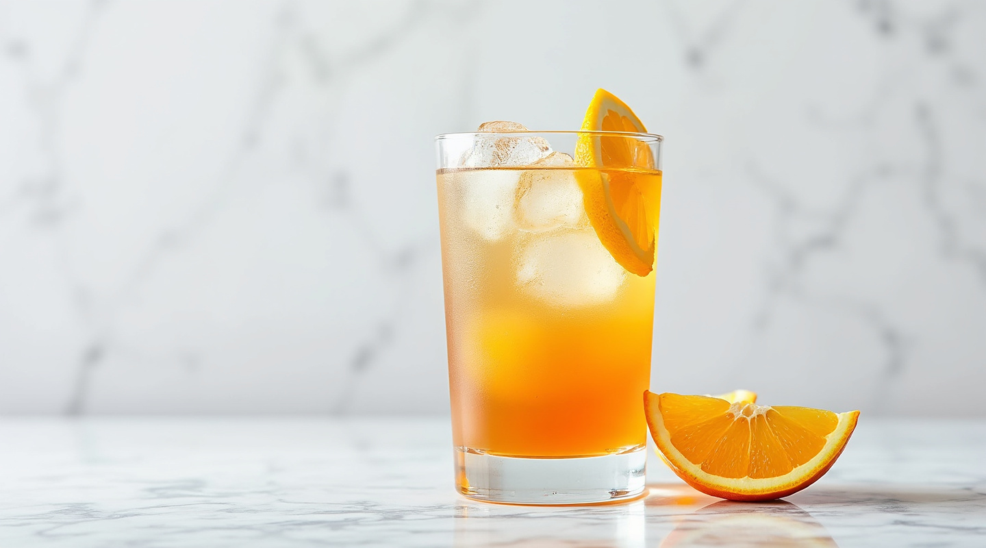 A glass of Bulldog Highball garnished with an orange slice.