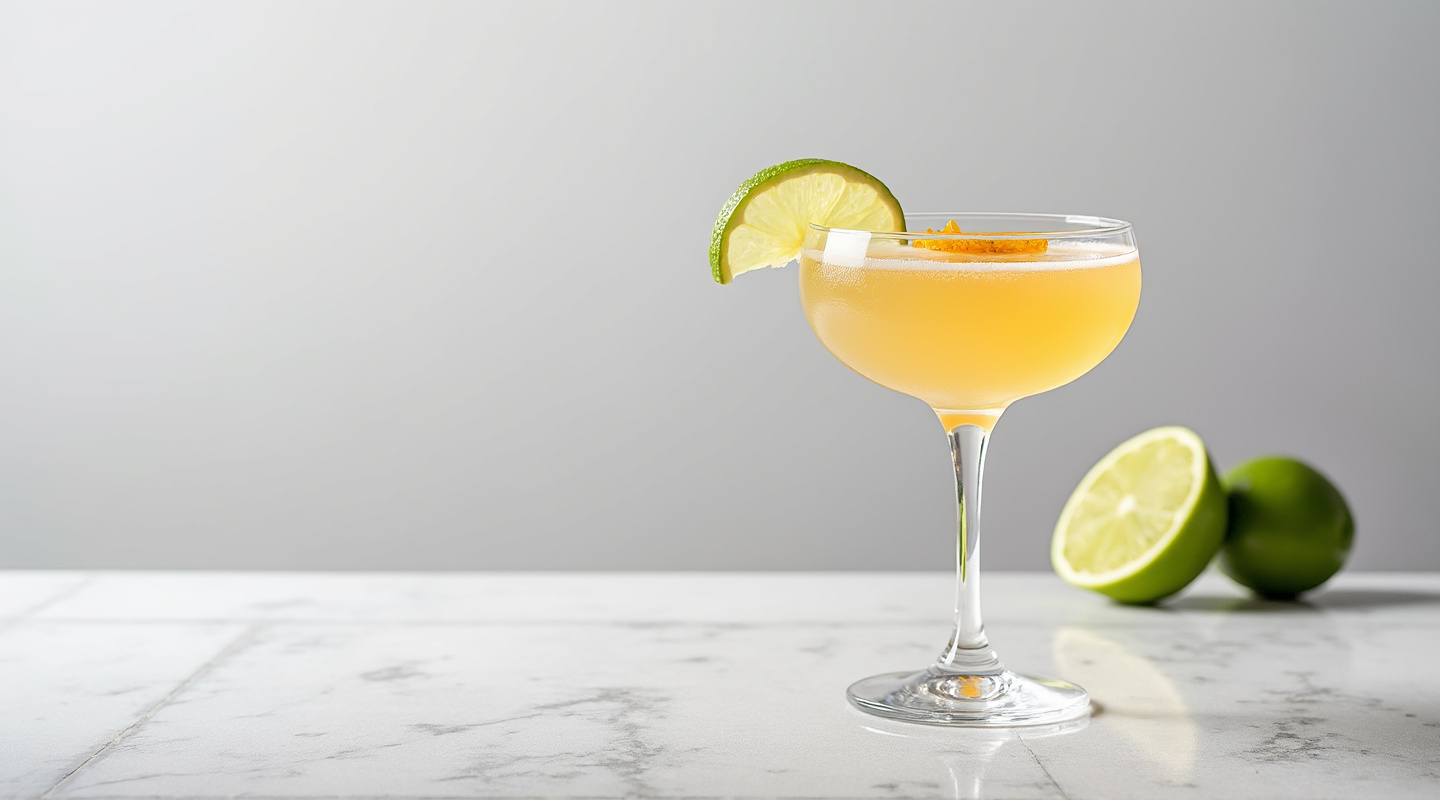 Larchmont cocktail in a coupe glass with an orange zest twist garnish