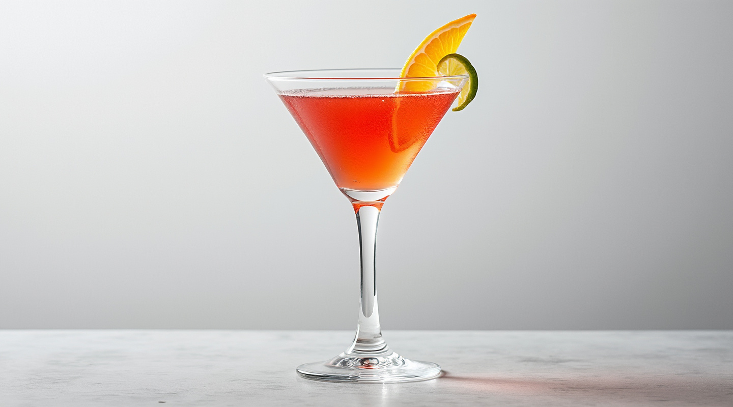 A vibrant pink London Cosmopolitan cocktail served in a chilled martini glass with a twist of orange zest for garnish.